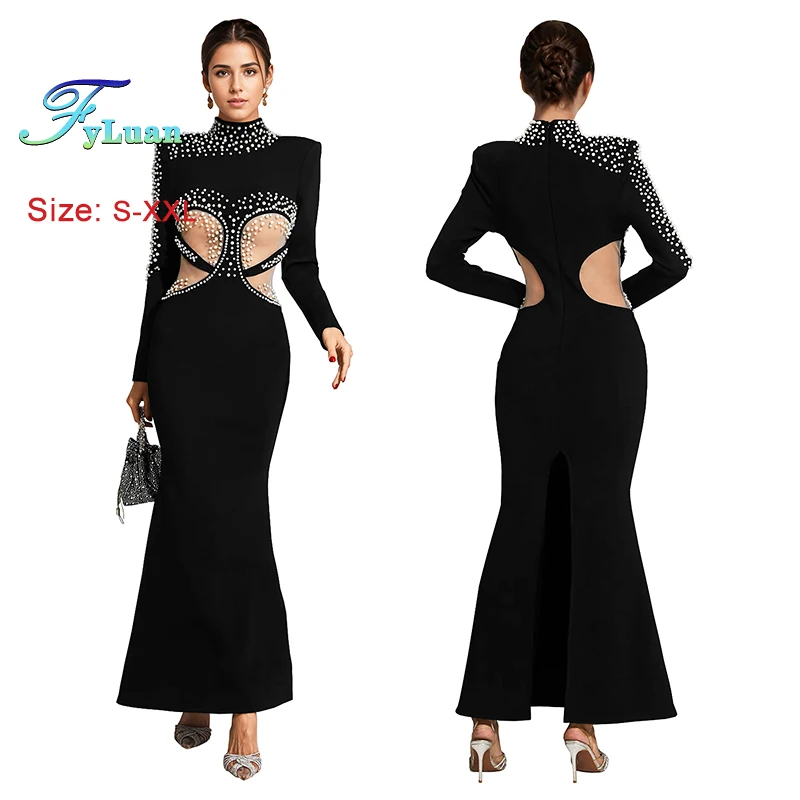 Robe longue à paillettes pour femmes, taille découpée, col rond, décor de strass, Slim, queue de poisson, vêtements de soirée, de bal, nouvelle collection