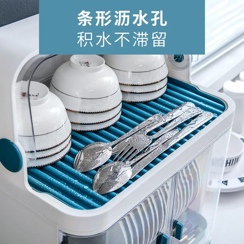 Kitchen Dish Rack with Lid: Water Draining Storage, Tableware Bowl Organizer, Plastic Household Cupboard, Dish Rack