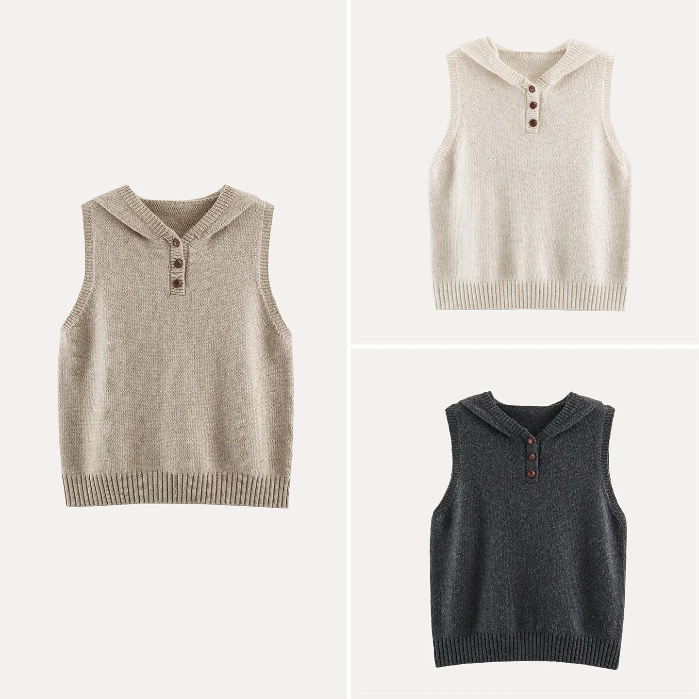 Fashionable Knitted Hooded Vest Top Women's Autumn Wear Buttoned Half Placket Pullover Style ZADATA Brand Outerwear
