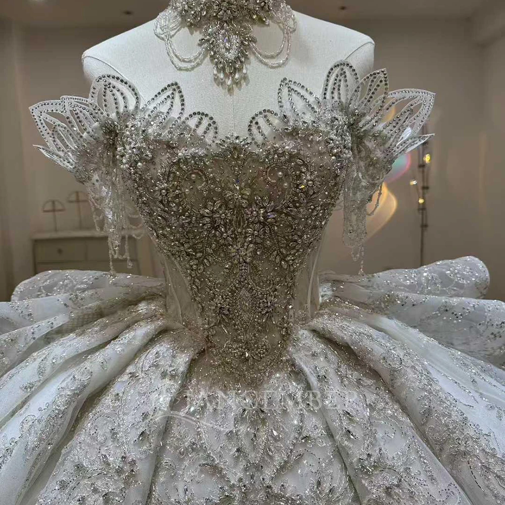 カスタマイズされたスクープネック半袖ボールガウンレースチャペルトレインウェディングドレスフリルvestidos de novia高級ノビアス公式