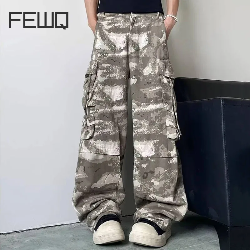 

FEWQ Men's Pants American Camouflage Multi Pocket Loose Straight Wide Leg Casual 2024 Korea Fashion Male Trousers 24E2031