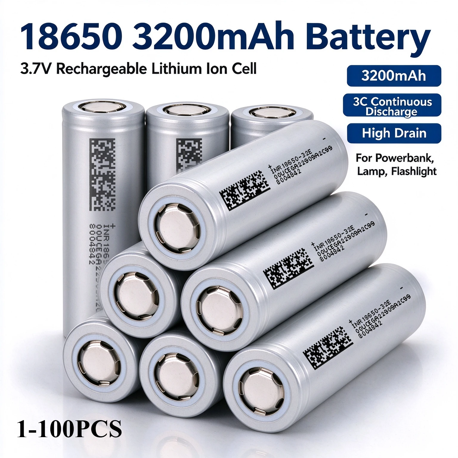 1-100PCS 18650 3200mAh 3.7V Rechargeable Lithium Battery 32E Power Cell for Flashlight Headlamp Camping Lantern Power Tools