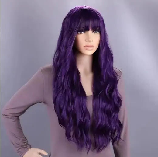 Long Purple Wig for Women 28" Long Lavender Purple Wig With Bangs Curly Wavy Natural Cute Soft Wig for Costume Braids Anime