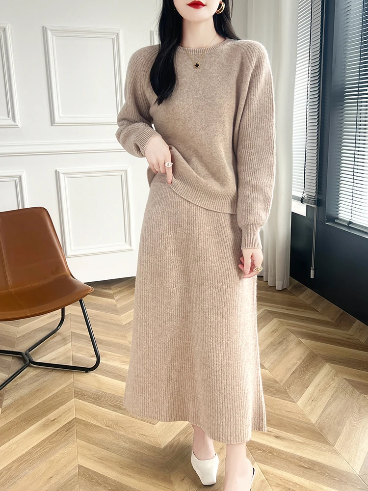 

Autumn Winter Women 100% Merino Wool Sweater Suit Cashmere O-Neck Pullover Long Skirt Soft Female Knitwear Korean Popular Jumper