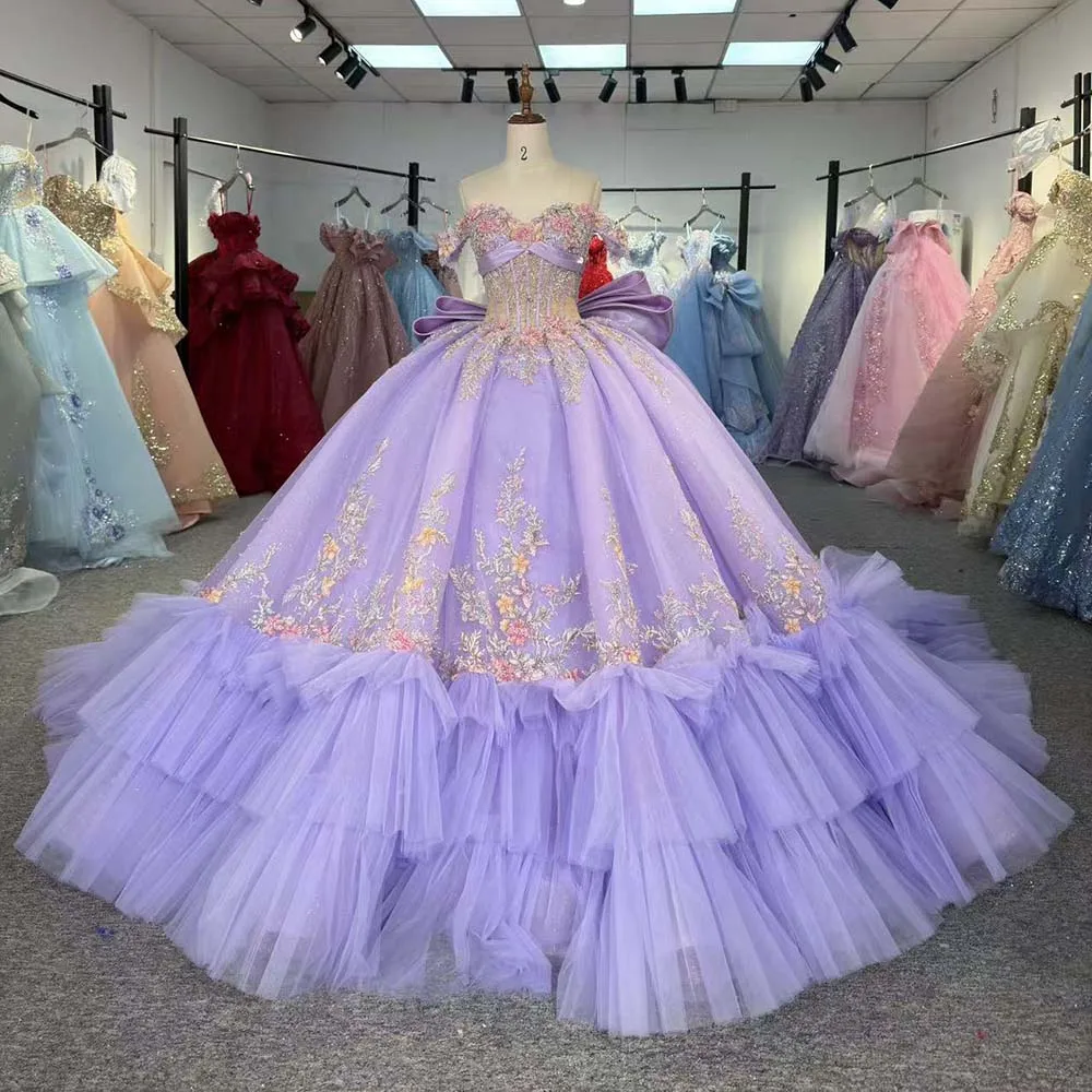 Vivid Quinceanera Dresses Purple Tulle Ball Gown Customized Off Shoulder Bow Beading Tiered Chapel Train vestido de 15 años