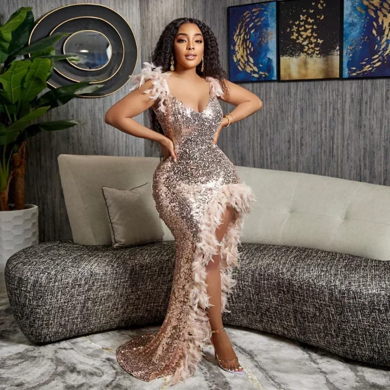 

GUWU Sequins Feathers Mermaid Evening Women Dresses Elegant Party Wedding Guest Dress Sexy Backless Side High Split Long Dress
