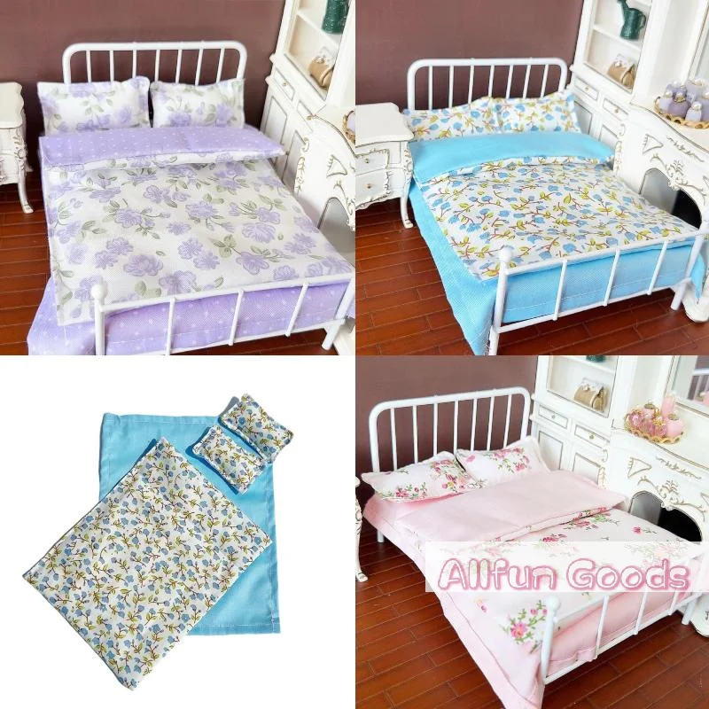 1/12 Dollhouse Miniature Bed Four Piece Bed Set Bed Sheet Quilt Pillow Quilt Cover Bedding Set Doll Bedroom Decoration Toy
