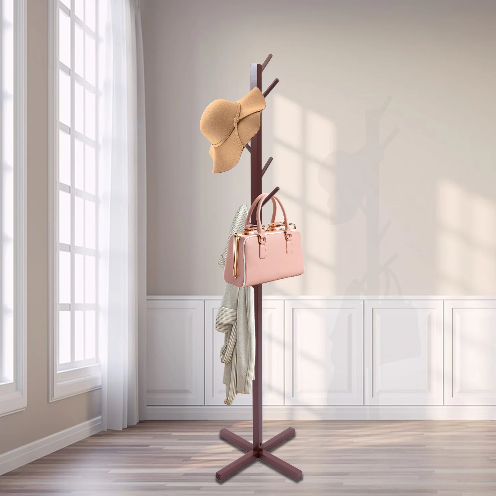 Wooden Coat Rack Stand Free Standing Tree Hanger with 8 Hooks Hallway Entryway Clothes for Suits Hats Scarves