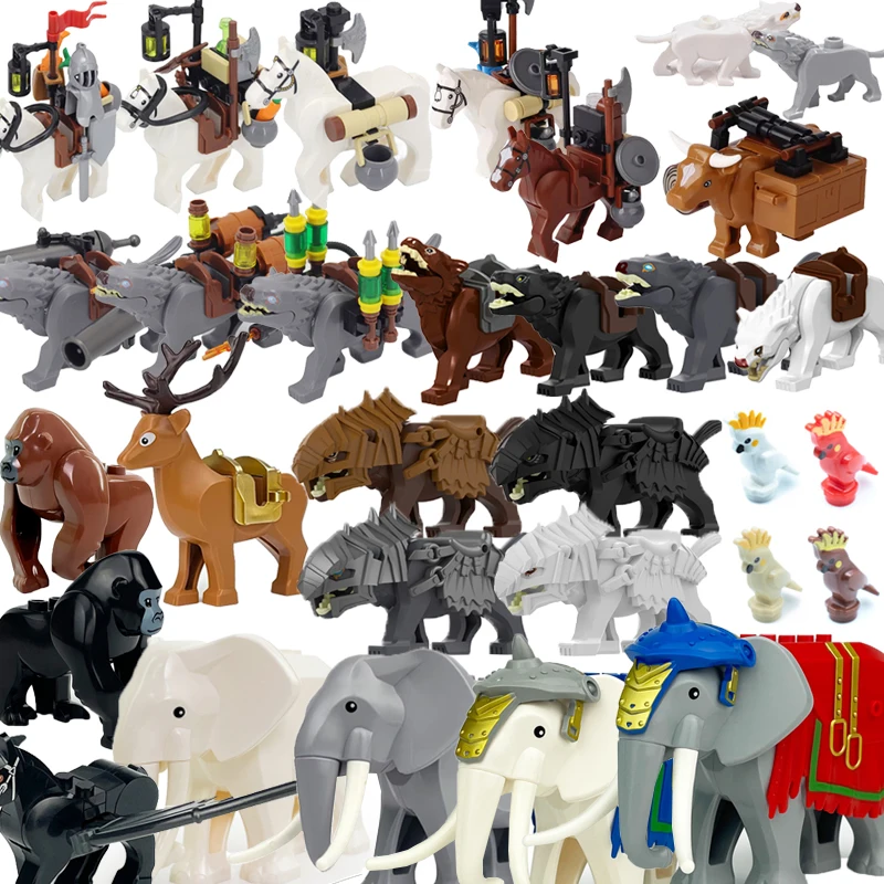MOC Animali medievali Serie Building Blocks Figure Montare Lupo Bestia Giardino Guerra Lupo Castello Carrozza Kit di trasporto di bue Mattoni