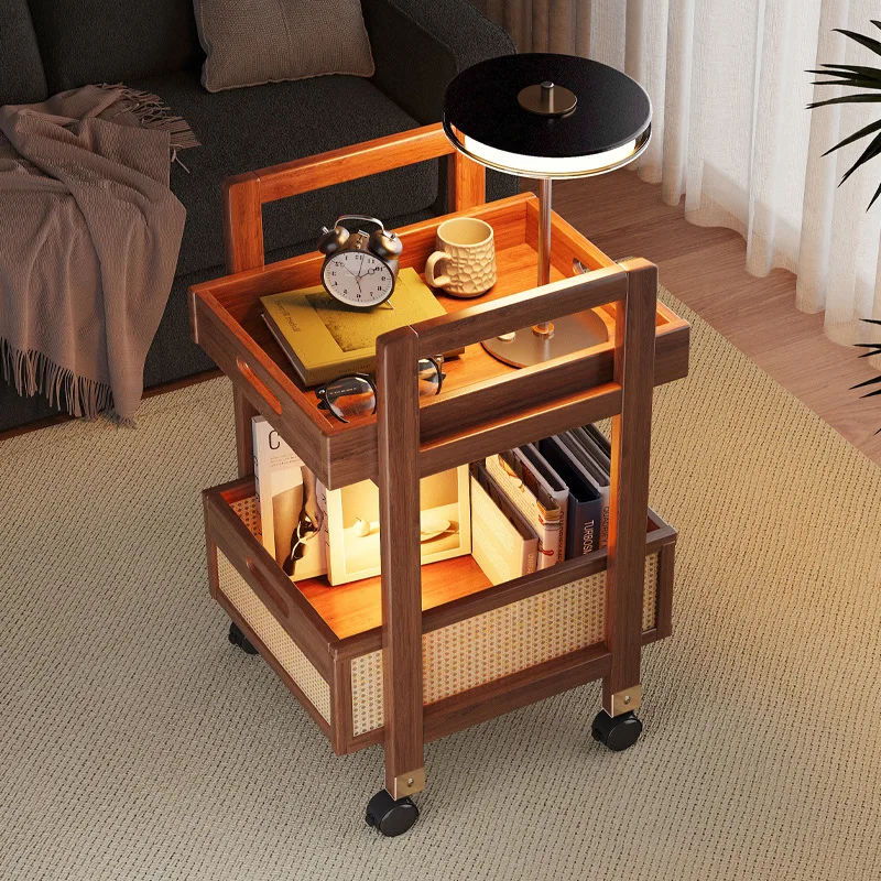 Vintage Wooden Rolling Cart Sofa Side Table Mobile Bedside Nightstand with Wheels Multi Functional Storage Rack for Living Room