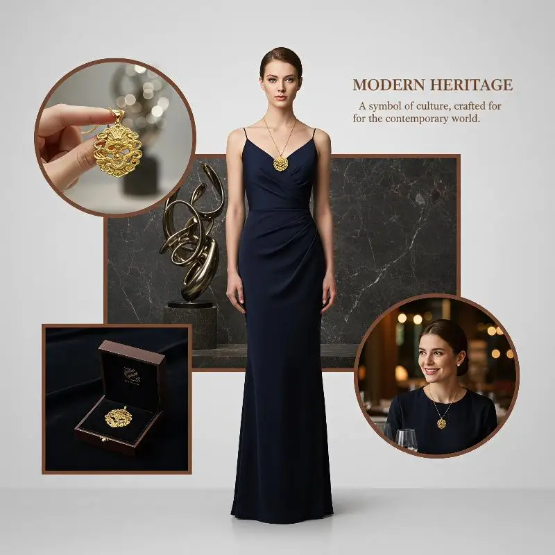 Chinese Style Matte Gold Pendant 3D Embossed Auspicious Design Non-Fading Jewelry for Casual Wear Thanksgiving Gift