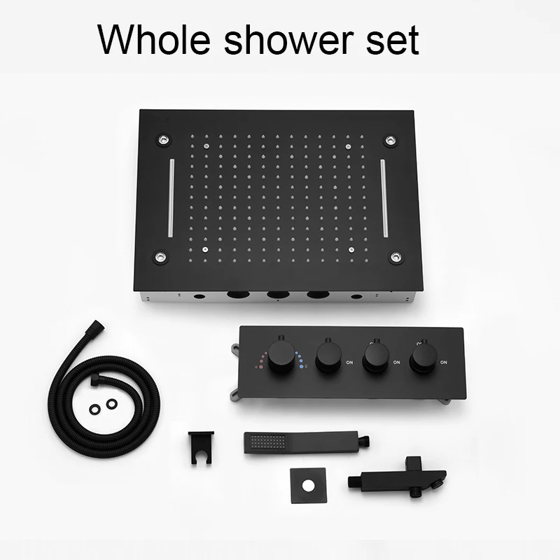 Black 2 Functions Shower Head Set ceiling Recessed LED Rainfall Waterfall Massage Thermostatic Mixer Bathroom System
