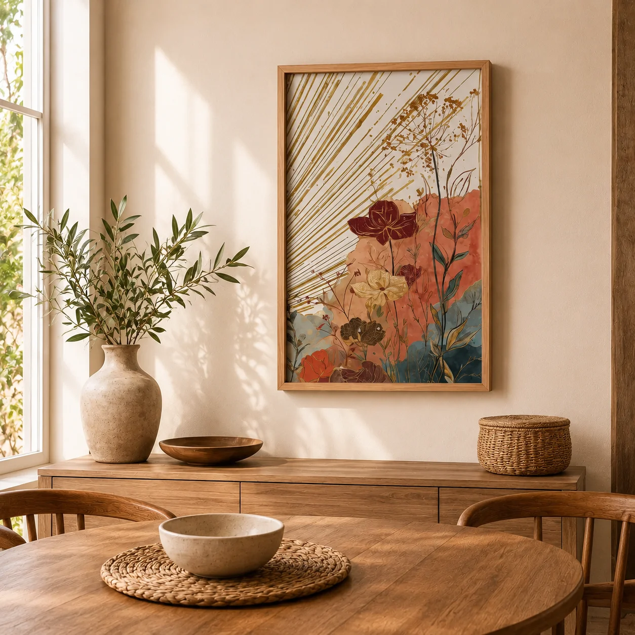 Boho Celestial Sun Wall Art,Terracotta Wildflower Line Art Poster Set,Warm Cottagecore Boho Bedroom Living Room Above Sofa Decor