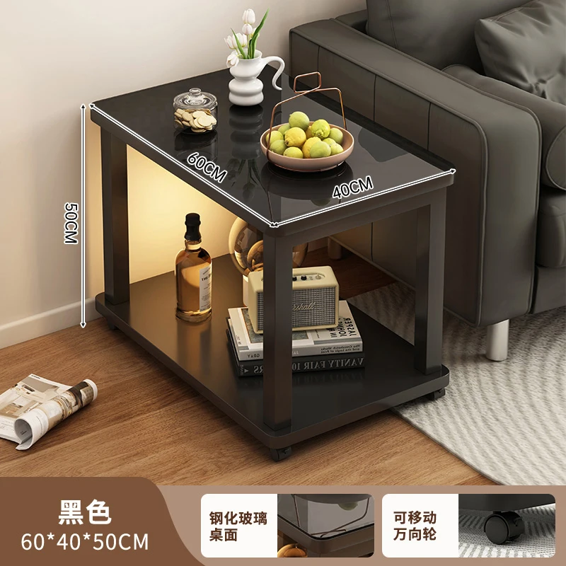 Mobile Side Table with Wheels, Living Room Tempered Glass, Small Coffee Table, Rectangular Office, Reception Sofa, Small Table