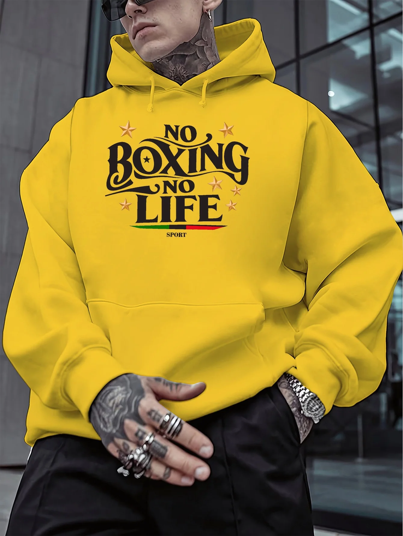 Herren-Hoodie „No Boxing No Life“ Grafik-Kapuzenpullover Vintage-Schriftzug-Stern-Print Italienische Flagge Farbiger Pullover Hoodie Boxen Sport Streetwear – Detail 3