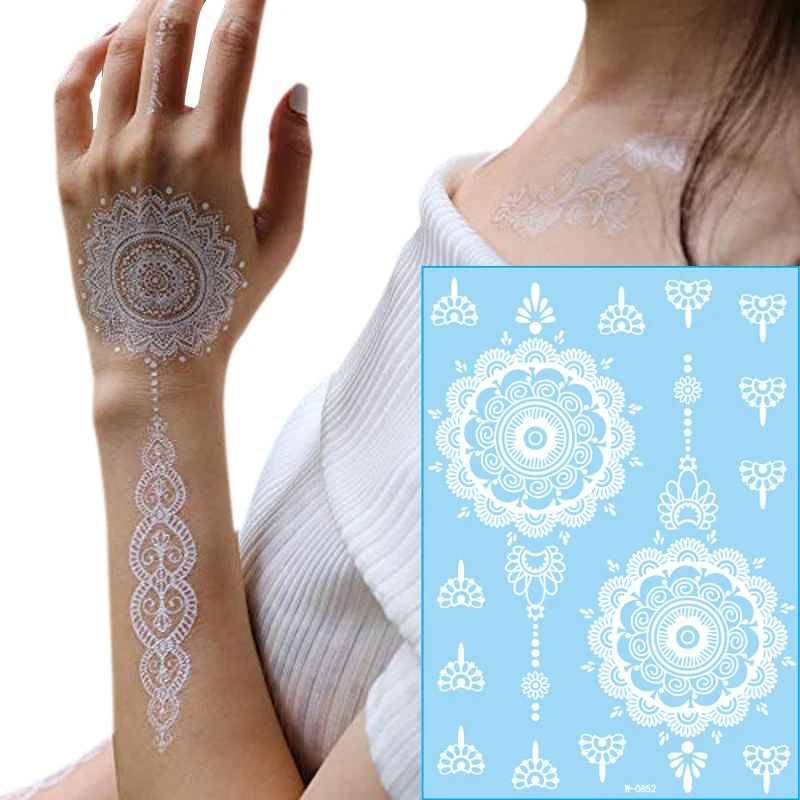 White Lace Jewelry Temporary Tattoo Sticker Waterproof Indian Henna Tattoo Body Art  Tattoo Sticker Bride Wedding Lace Flower