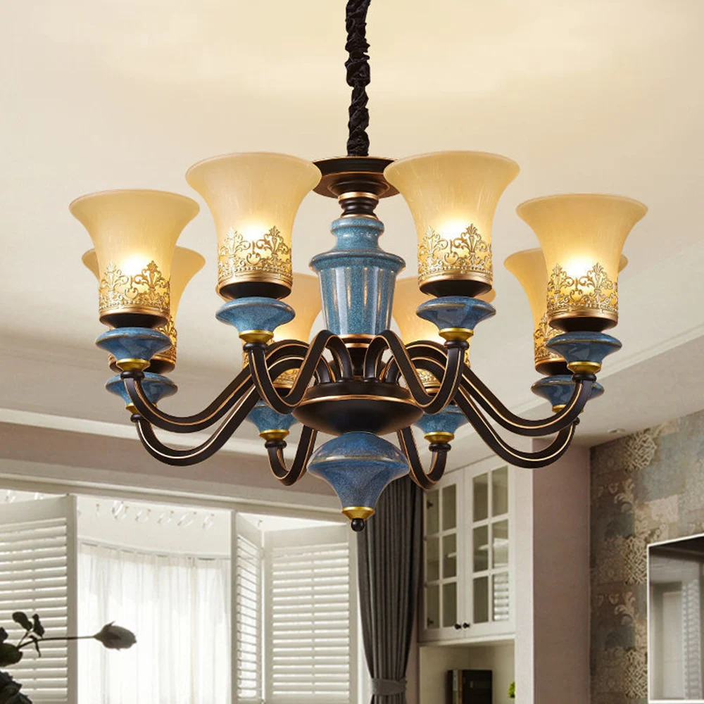 Vintage Blue Ceramic Chandelier Luxury Crown Carved Metal Pendant Light Beige Glass Shade 3 5 6 8 Heads for Dining Living Room