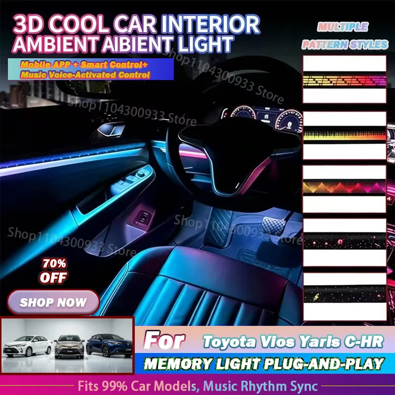 For Toyota Vios Yaris C‑HR LED Car Interior Ambient Strip Lights RGB Fiber Optic Atmosphere Neon Lighting Decorative Lamps