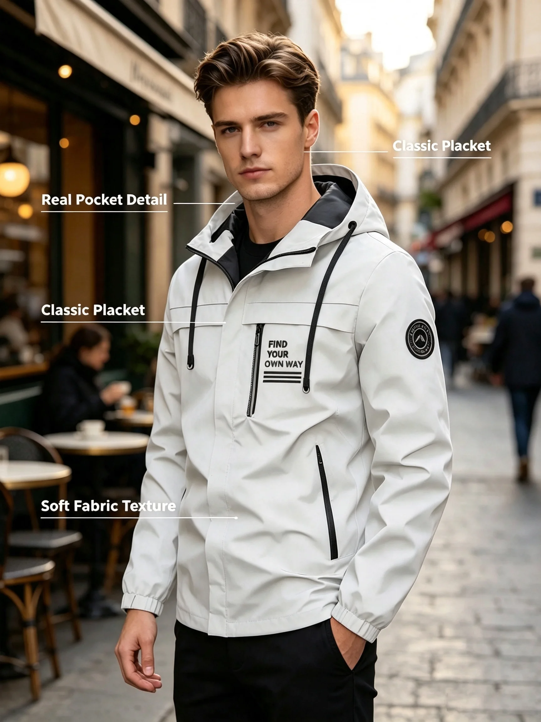 Men Techwear Hooded Jacket, Tactical Army Light Windbreaker, Street Swag Outerwear Casual Outdoor Zip Pocket Windproof Coat
