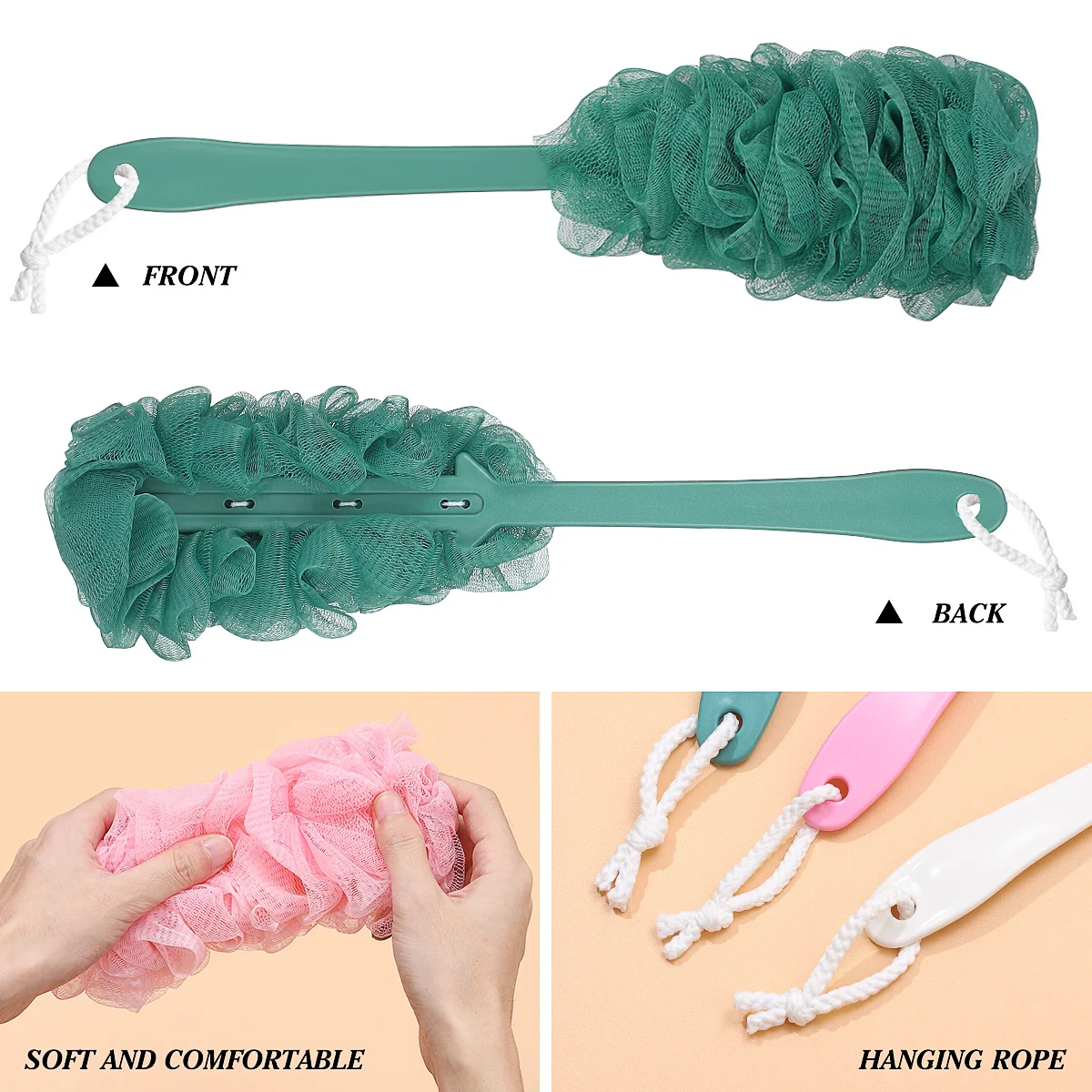 3 قطع فرشاة حمام بمقبض طويل، فرشاة خلفية ممتازة للاستحمام وتقشير الجلد الميت، ملحقات الحمام الجلدية الغنية #3