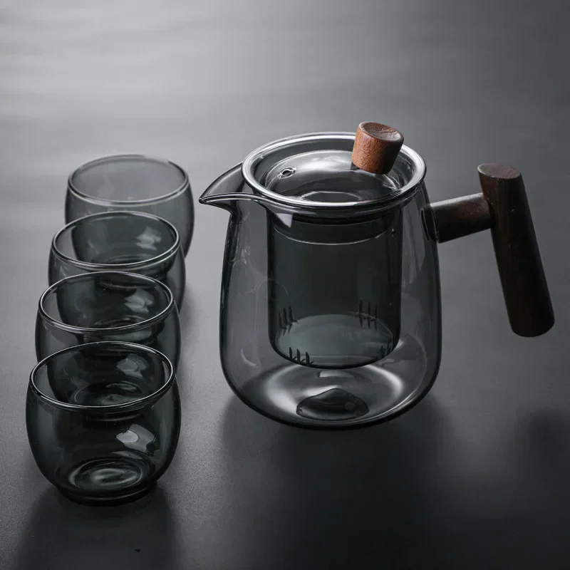 

Japanese style glass teapot High temperature resistance built-in filter kung fu tea set suit- Clear-Smoke grey thickened glass