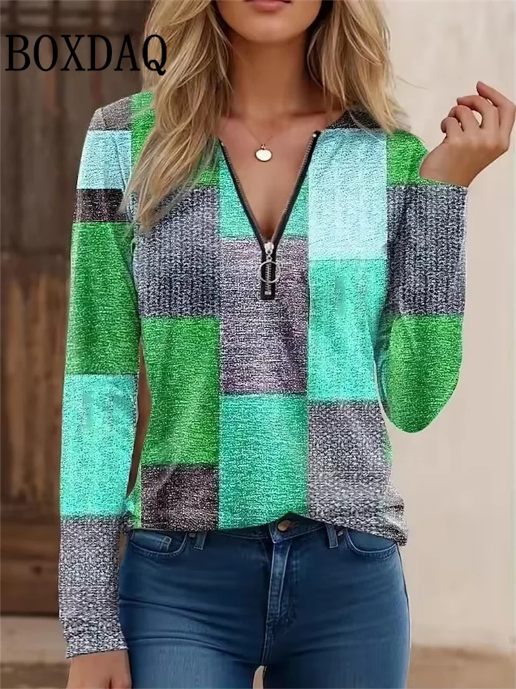 2025 Autumn Winter Sweatshirts Women Plaid Geometry Pattern Printed Long Sleeve Hoodies Casual Loose Zipper V-Neck Pullover Tops