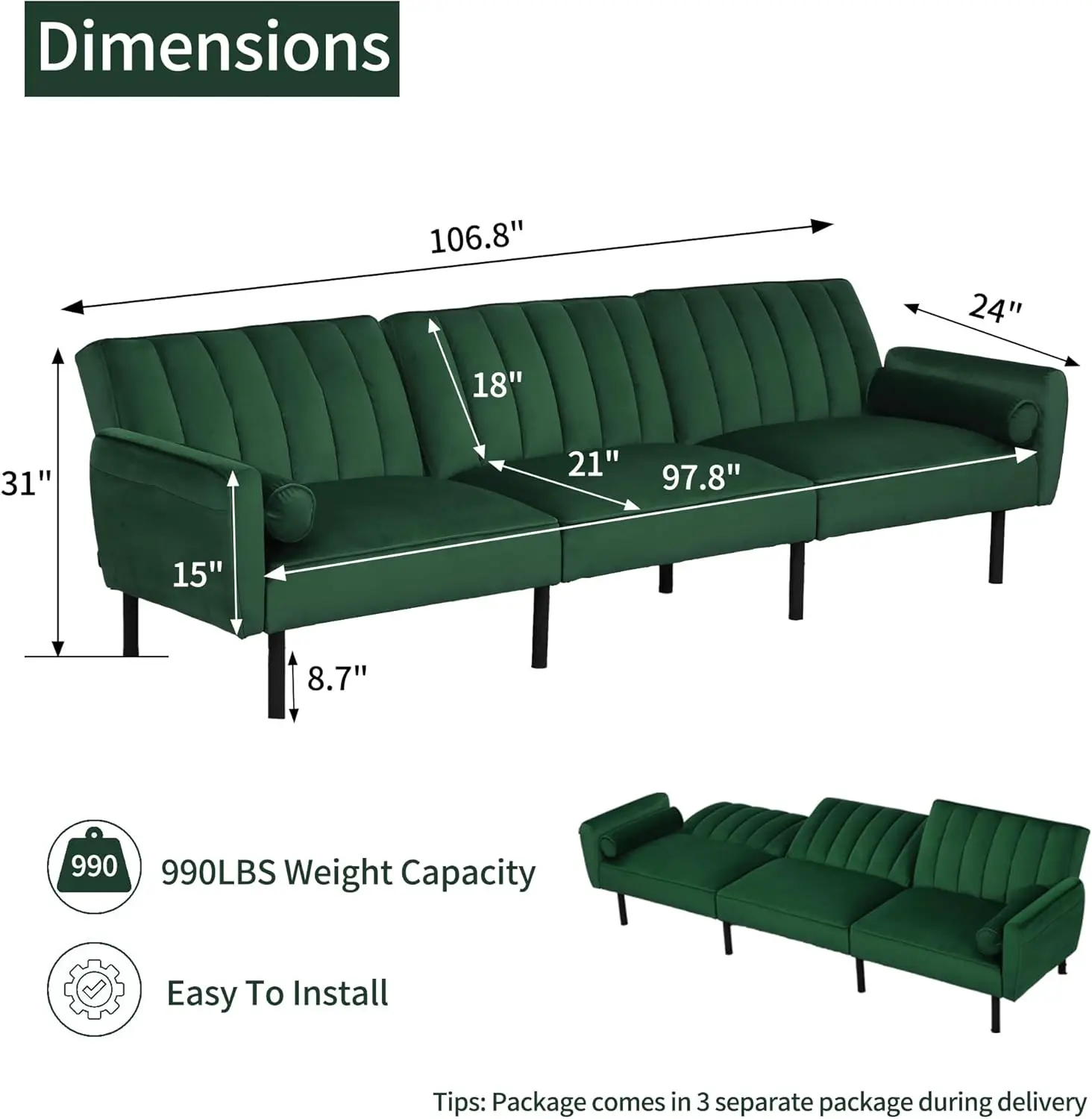 DURASPACE Sectional Couch, Convertible Sofa with Adjustable Backrest, Velvet Sleep Sofa Bed with USB Charge,