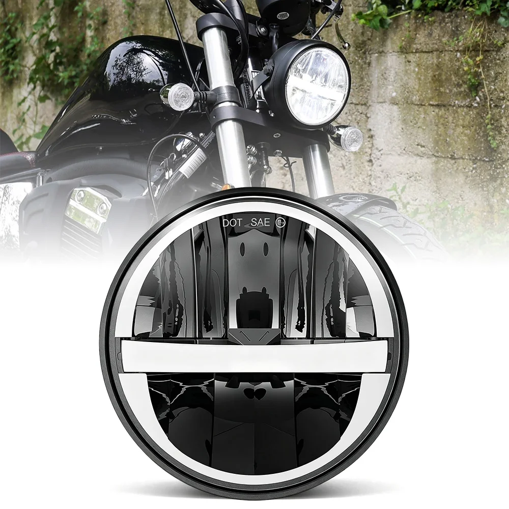 Round LED Headlight for Motorcycle 5.75 inch Moto Light with White/Amber DRLo Start up Gradient Welcome Halo