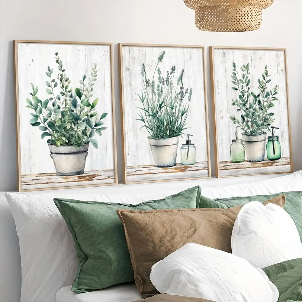 Potted Eucalyptus Lavender Plant Painting Calligraphy 3 PCS Canvas Wall Art Prints for Living Room Decor Modern Wall Decals