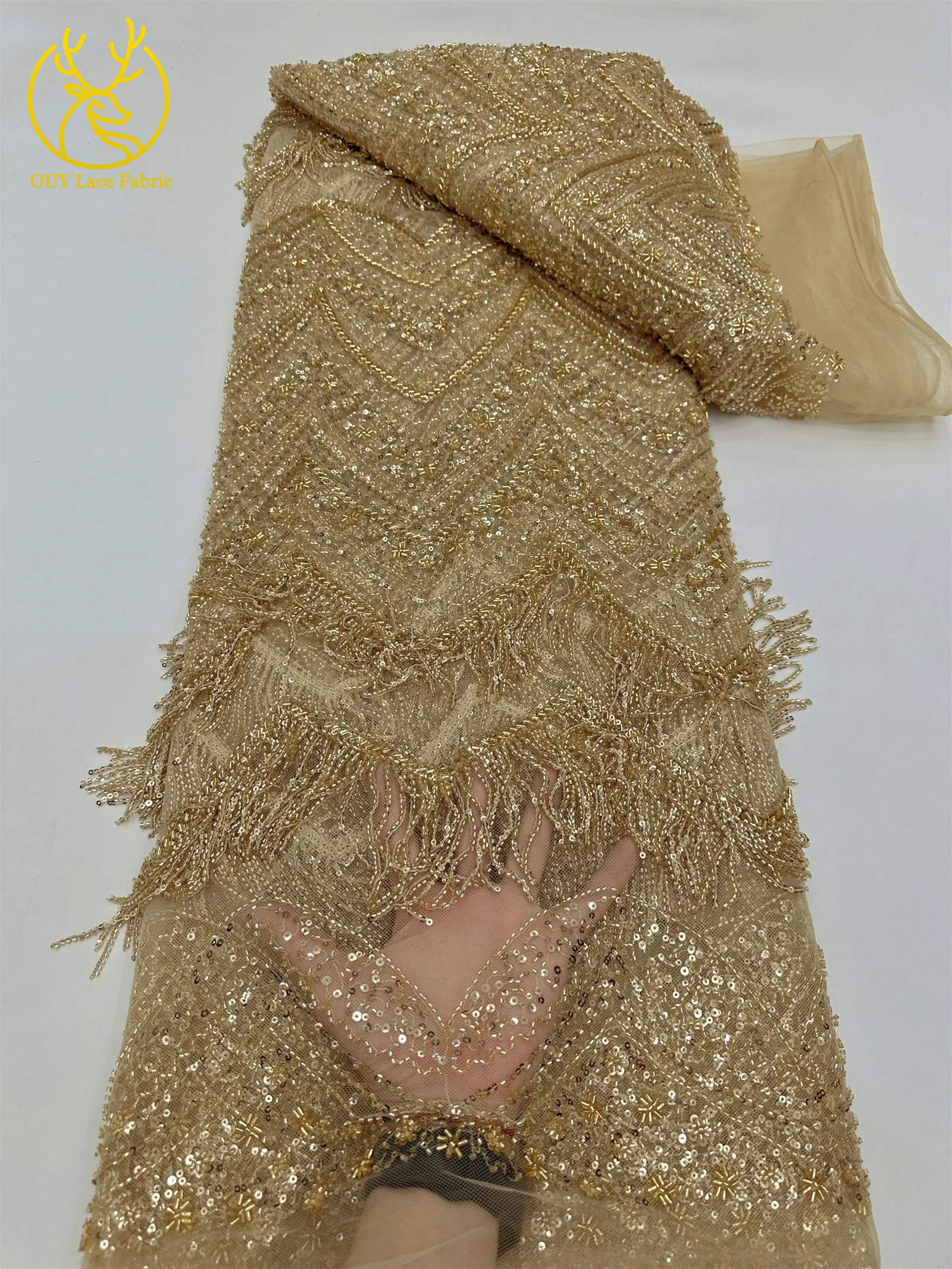 Hochwertiger 3D-Quasten-Perlen-Spitzenstoff, goldfarbener afrikanischer Perlen-Pailletten-Spitzenstoff, französische Tüllspitze für Hochzeitskleider, 5 Yards – Detail 9