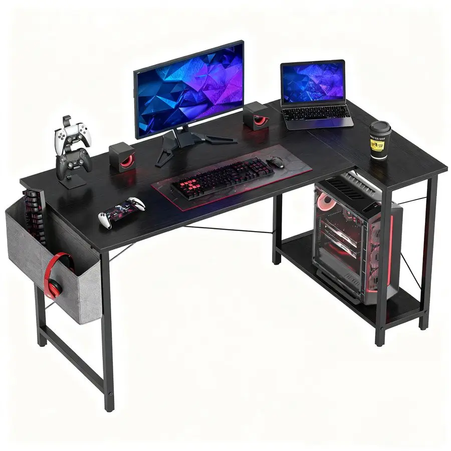 

L Shaped Desk, 55 Computer Table with Reversible Storage Shelves Home Office Corner Study Writing Gaming, Pure Black