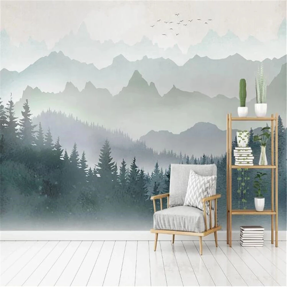 Customized product wallpaper mural modern minimalist watercolor geometric mountain peak forest Living room TV background wall 3d