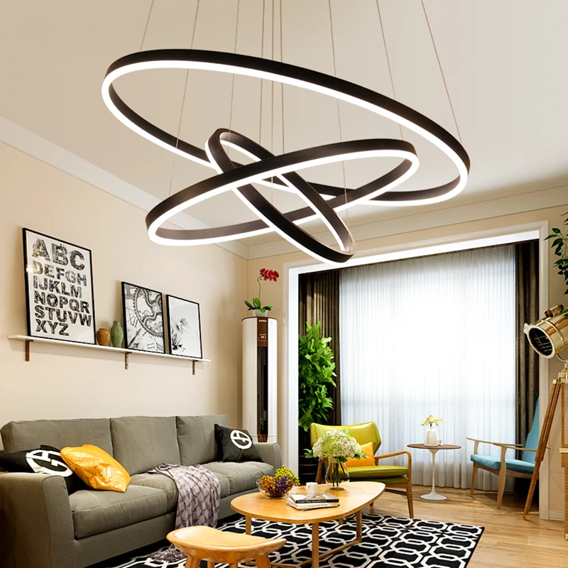 KOMORE Modern 3 Ring Aluminum Round Hanging LED Pendant Light Stepless Dimming & Cool White for Kitchen Living Room Hallway