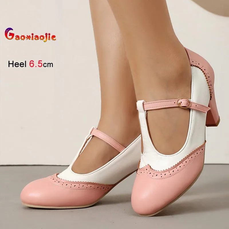 

Sweet Casual Women's Pumps Round Toe Coarse Heel Color Blocked Female Single Shoes Fashion 6.5cm High Heels Party Princess Shoes