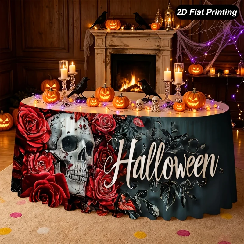 Halloween table skirt, dark base with white skulls and red roses decorating the Halloween pattern