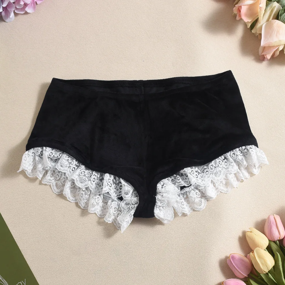 2025 Autumn New Hip-wrapped Lace Splicing Contrasting Color Hot Pants Women's Korean Velvet Shorts
