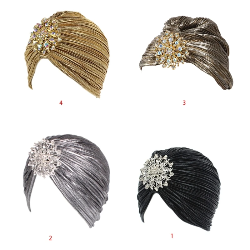 Women Indian Turban Hat for Head Wrap Pleated Soft Hair Hijab with Brooch Jewelry