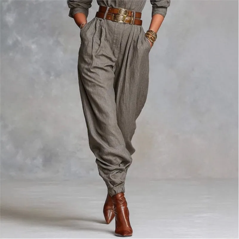 Spring Autumn Casual Commuting Women's Jumpsuit Fashionable Solid Color Half-cardecked Long Sleeve High Waist Jumpsuit (No Belt)