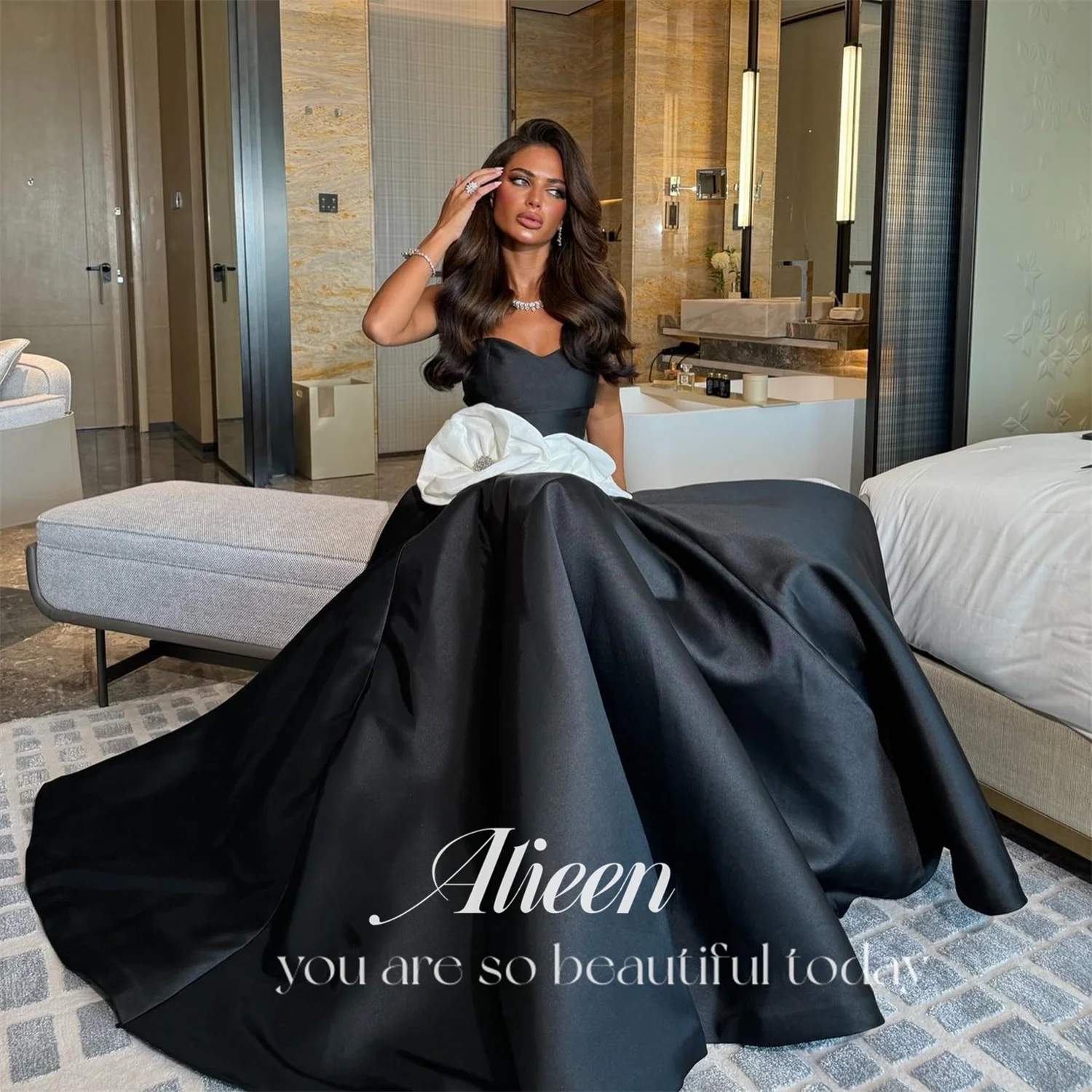 Aileen Black Off the Shoulders 3D Flowers Satin A-line Chubby Elegant Party Dresses 2024 for Wedding Evening Woman Gala Prom