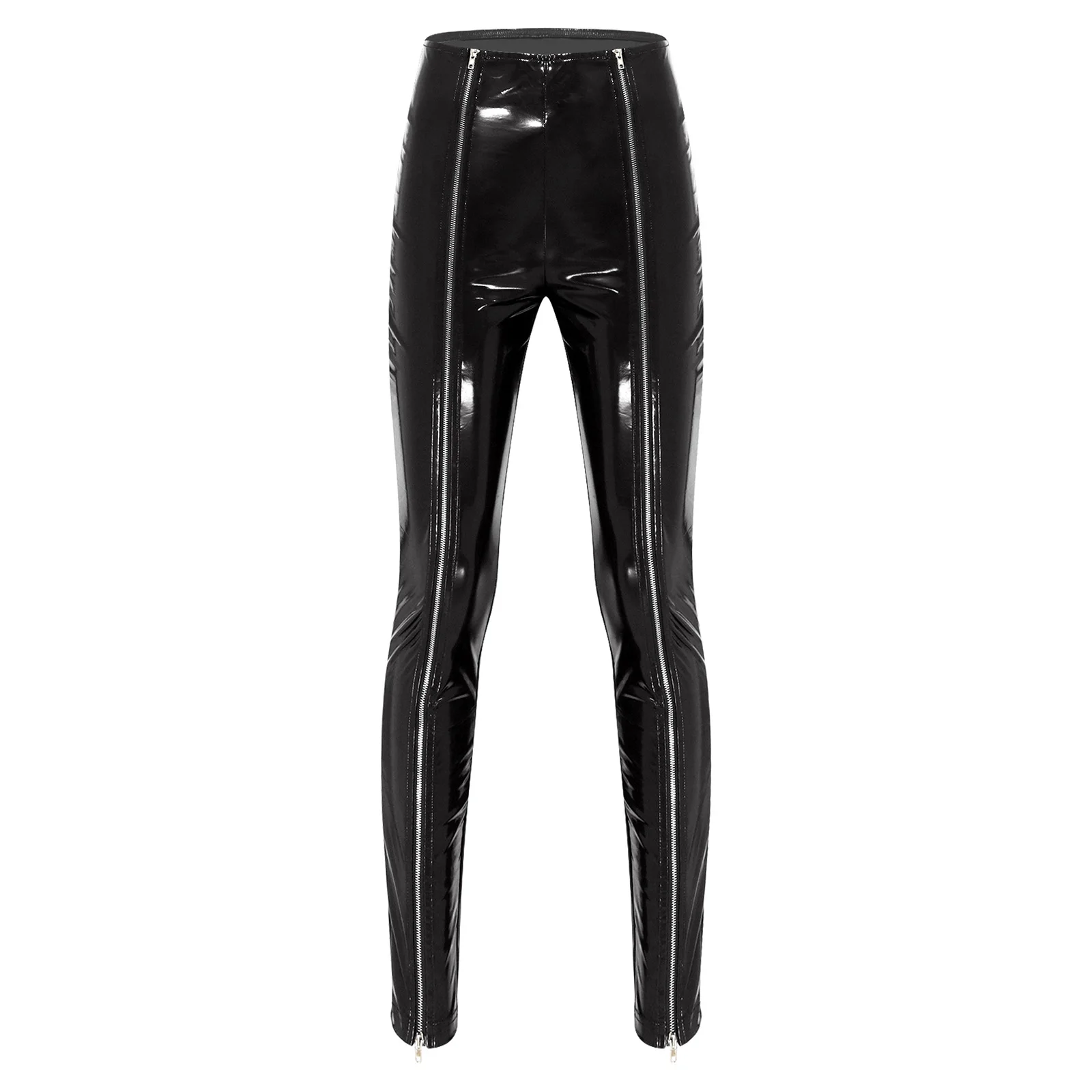 New Patent Leather Front Zip Pants for Women High Waist Wet Look Leggings Streetwear for Disco Night Club Rave Stage Performance