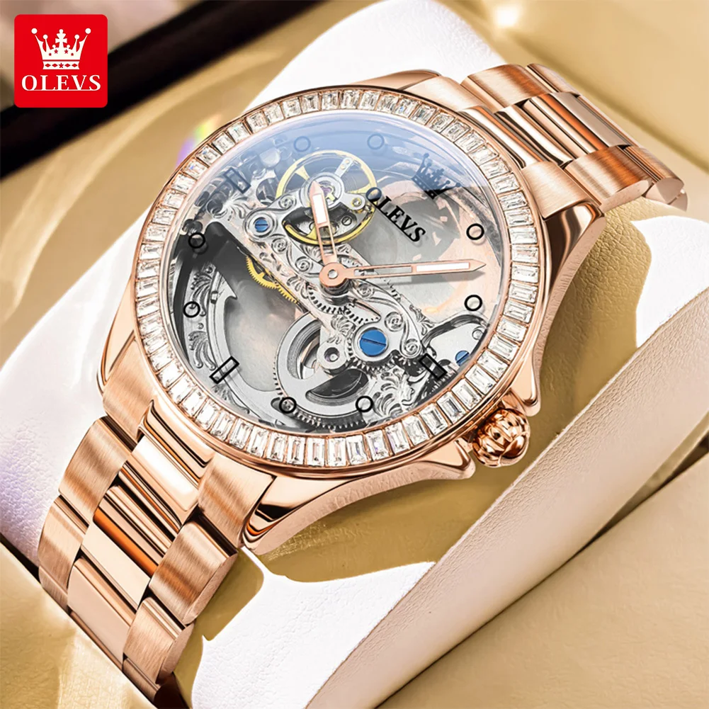 OLEVS 6699 Elegant Automatic Ladies' Watch Skeleton Stainless steel Band Waterproof Full Diamond Mechanical Watch Women Set Gift