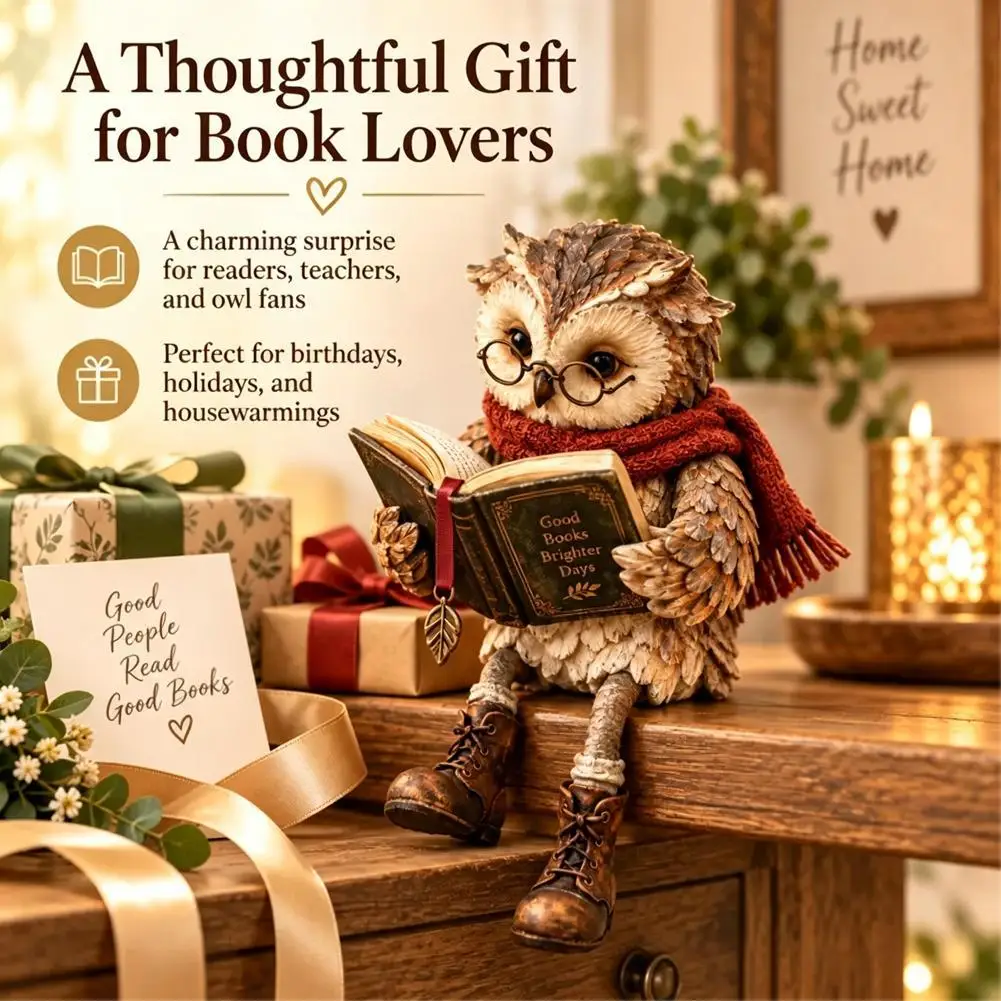 Reading Owl Figurine Shelf Sitter Statue Glasses Scarf Boots Open Book Lover Teacher Gift Desk Nook Home Decor Resin Xmas Office