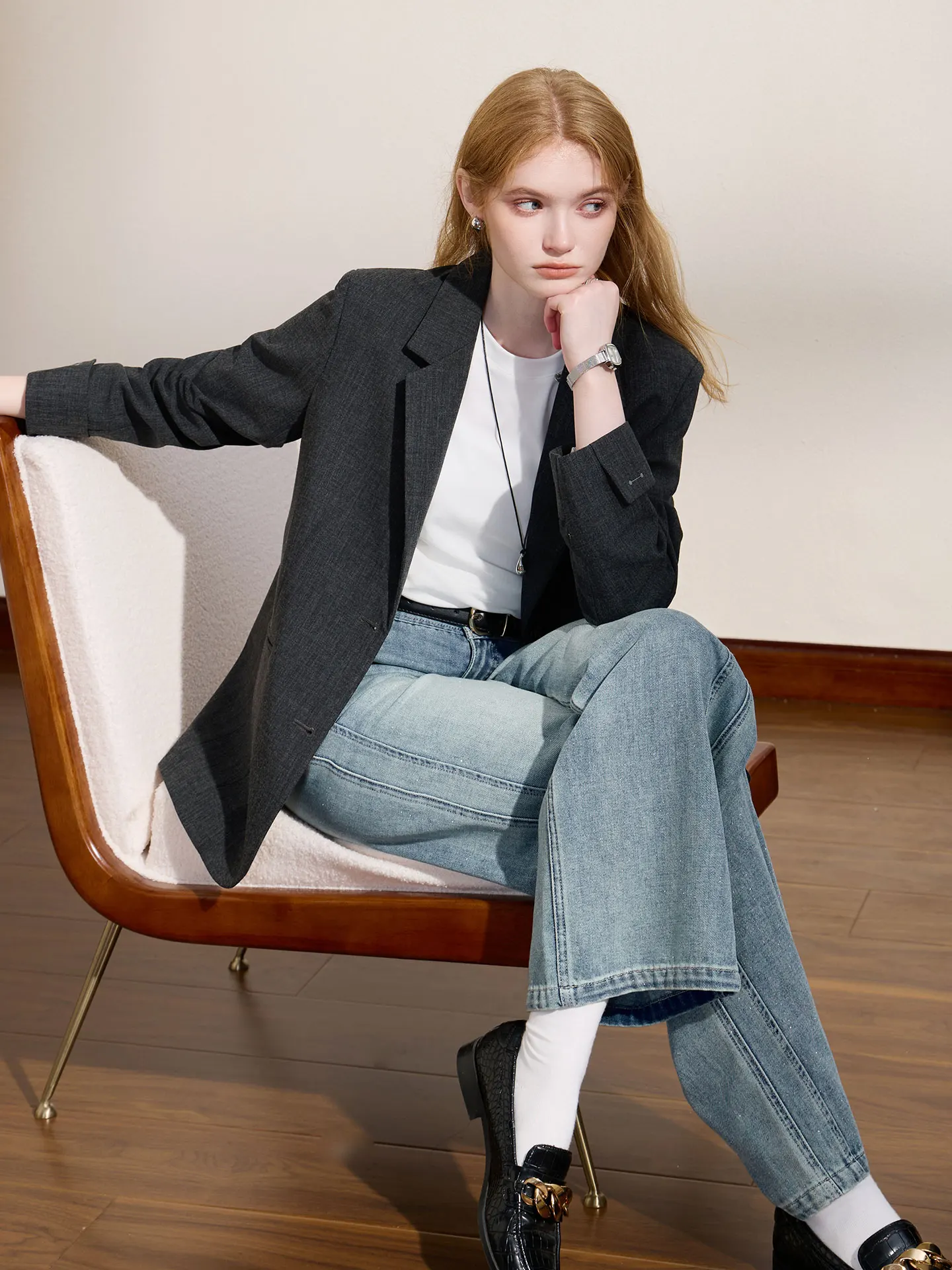 Women's Tailored Suit Jacket Autumn Commute Style Loose Fit Two Buttons Long Sleeve Classic Collar Coat Drapey Clean Cut