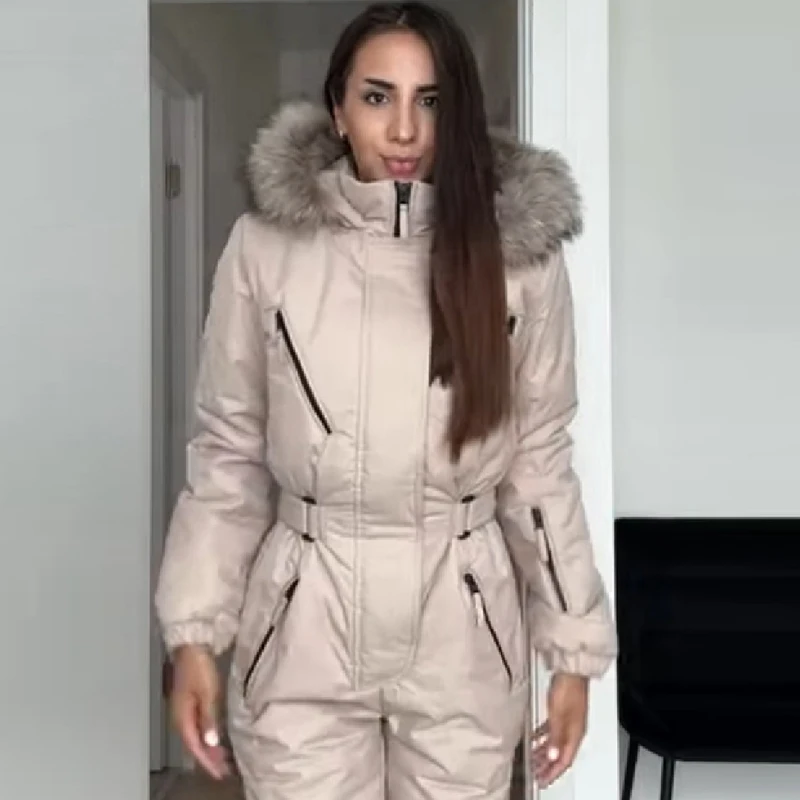 Women One Piece Ski Jumpsuit Faux Fur Hood Belted Waist Straight Leg Pants Snowsuit Waterproof Warm Snowboard Ladies Ski Suit