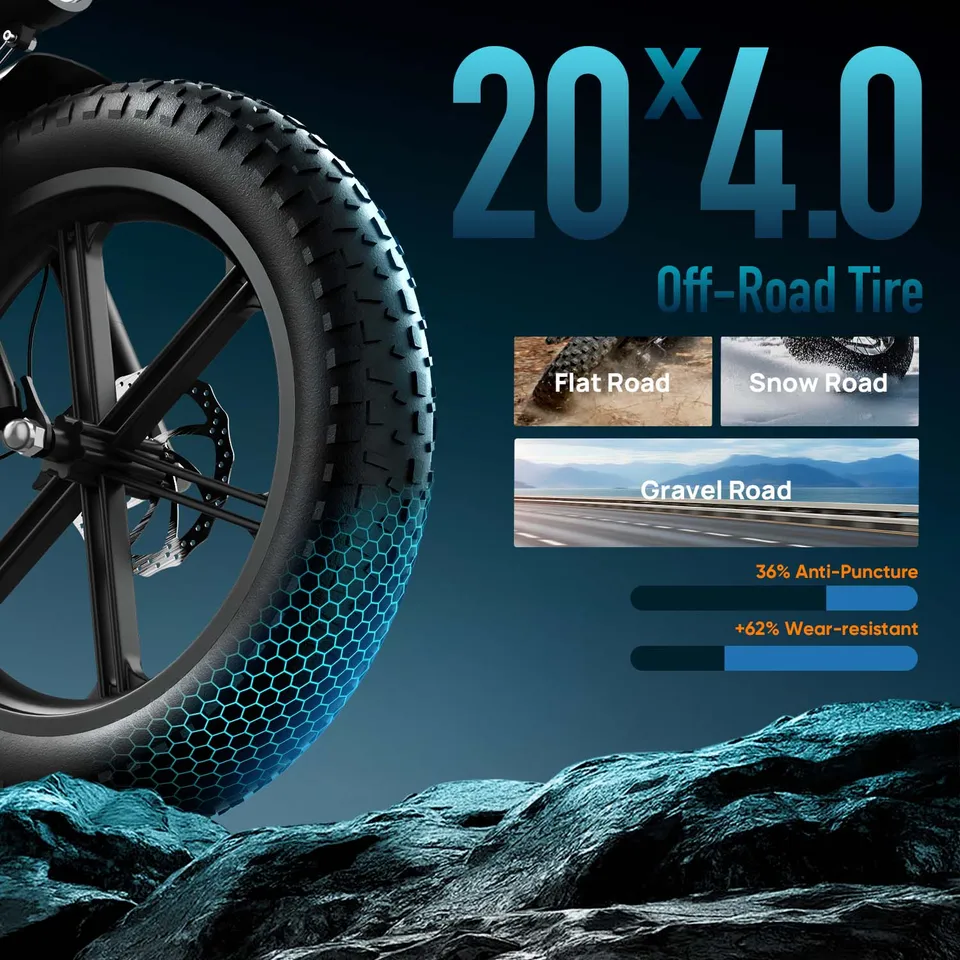 URLIFE T5 Foldable Electric Bike, 20 Inch Fat Tire Adult E‑Bike, 48V Removable Battery, Long Range Up to 80 Miles, Full Suspension All‑Terrain Electric Mountain Bicycle image 6