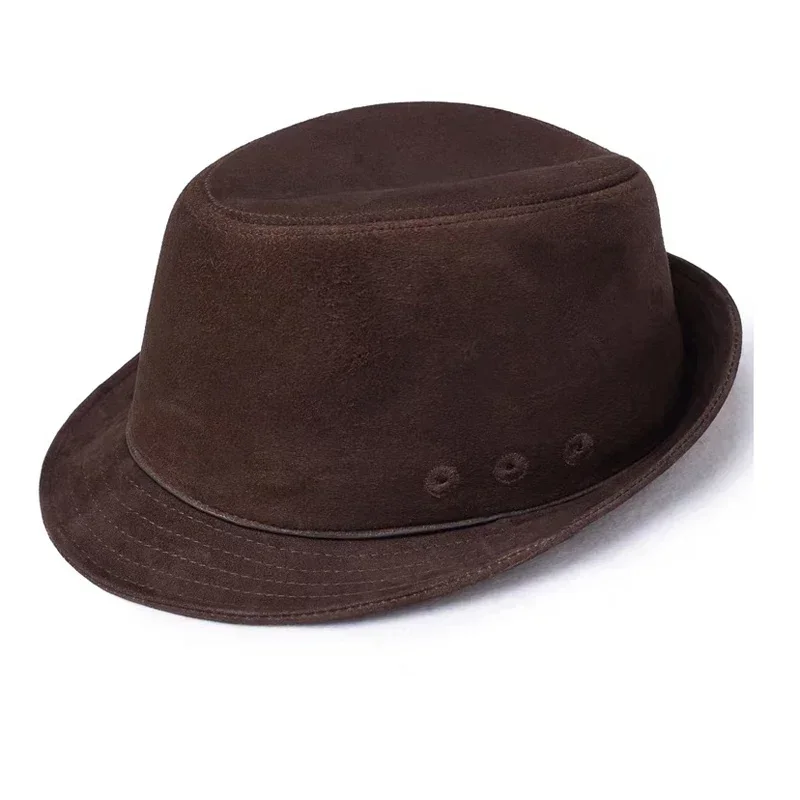 

Male High Quality Genuine Leather Formal Hat Jazz Gentleman Goat Skin Suede Short Brim Brown Top Fedoras Embroidery