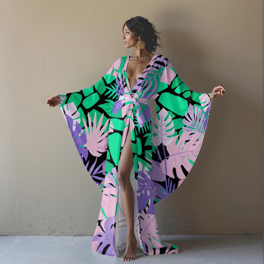 Women's Sexy Tropical Leaf Print Kimono Bathrobe with High Slit & Belt Long Sleeve Open Front Robe Sexy Tropical Cover-up