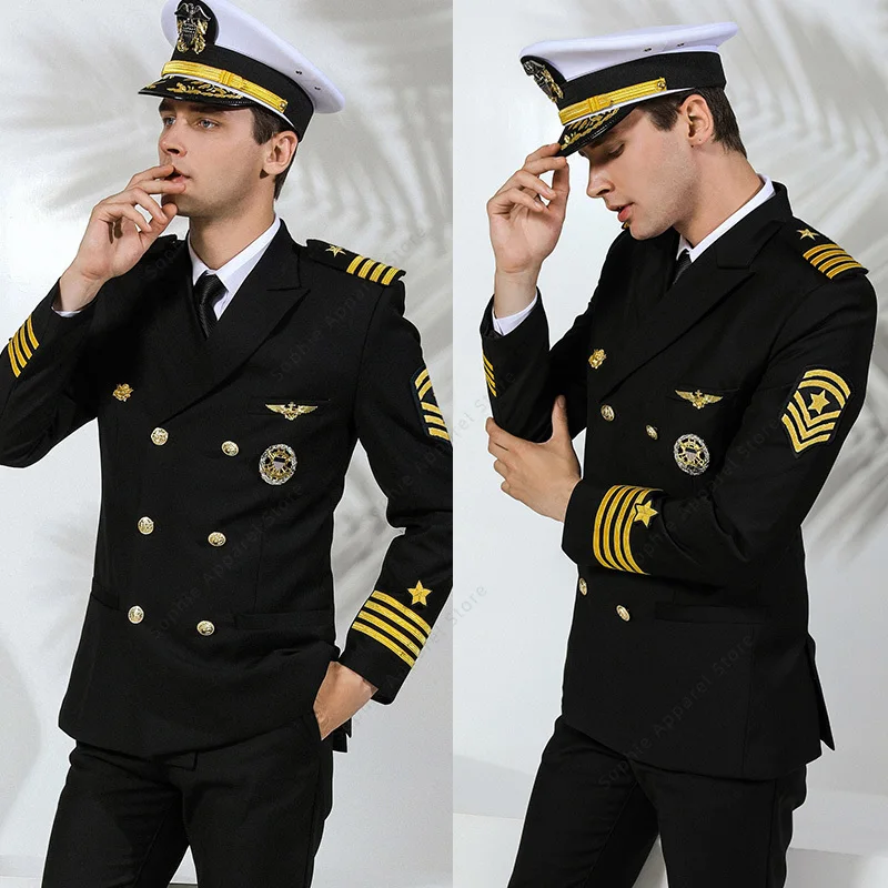 

Pilot Uniform Airline US Navy Captain Uniforme Double Breasted Mariner Sailor Seaman Jacket Pants Flight Aviation Costume