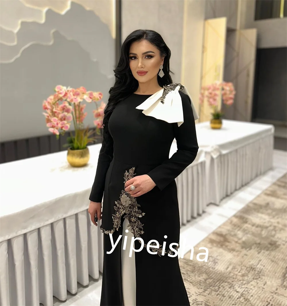 Customized Intricate Jersey Flower Sequined Beading Ruched A-line High Collar Long Dresses Celebrity Dresses Matching Classic Ex