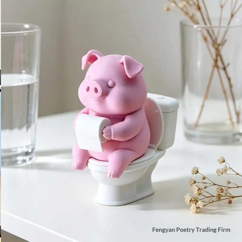 Waterproof Piggy Bathroom Figurine Wall Mounted Tabletop Cute Pig On Toilet Resin Statue Funny Home Desktop Ornament